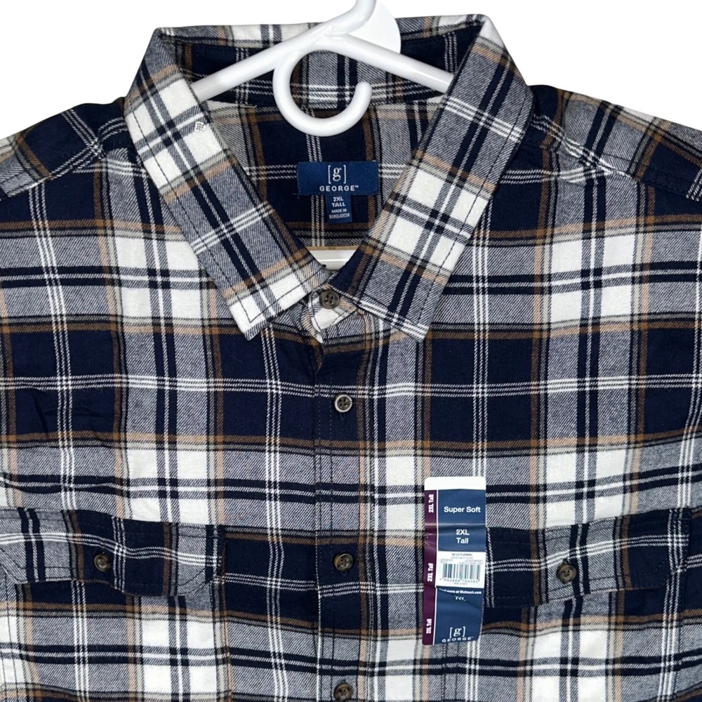 George Mens 2XL Tall Super Soft Flannel Shirt Navy White Plaid NEW